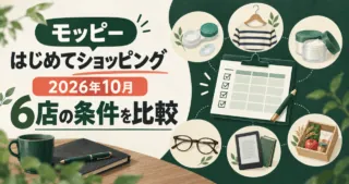 モッピー「はじめてショッピング」2026年10月の対象6店を比較するイラスト