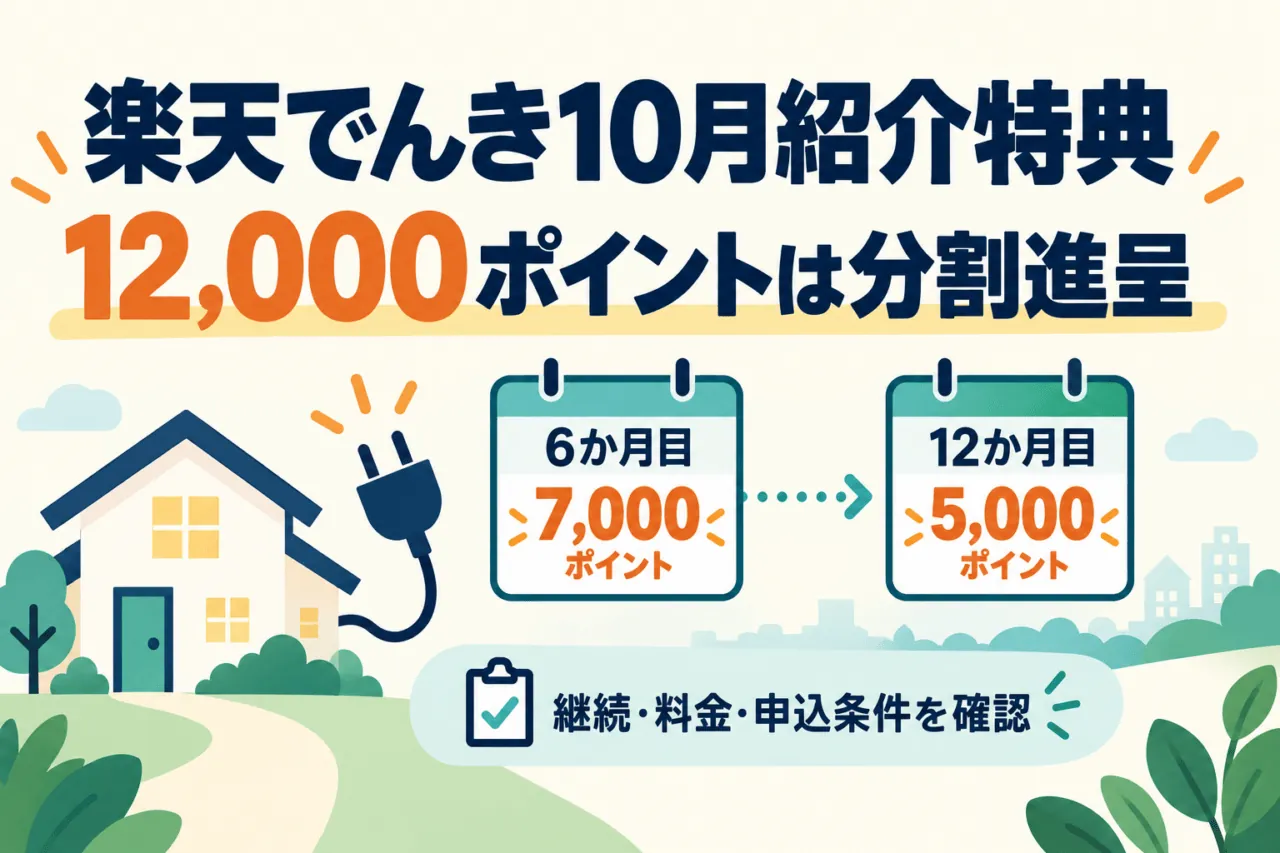 楽天でんき10月紹介特典は2回に分けて進呈|12,000ポイントの継続条件。特典の対象条件と期限を解説するイラスト。