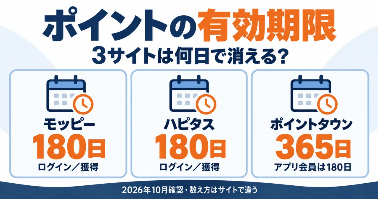 ポイントの有効期限。モッピー180日、ハピタス180日、ポイントタウン365日(アプリ会員は180日)。2026年10月確認