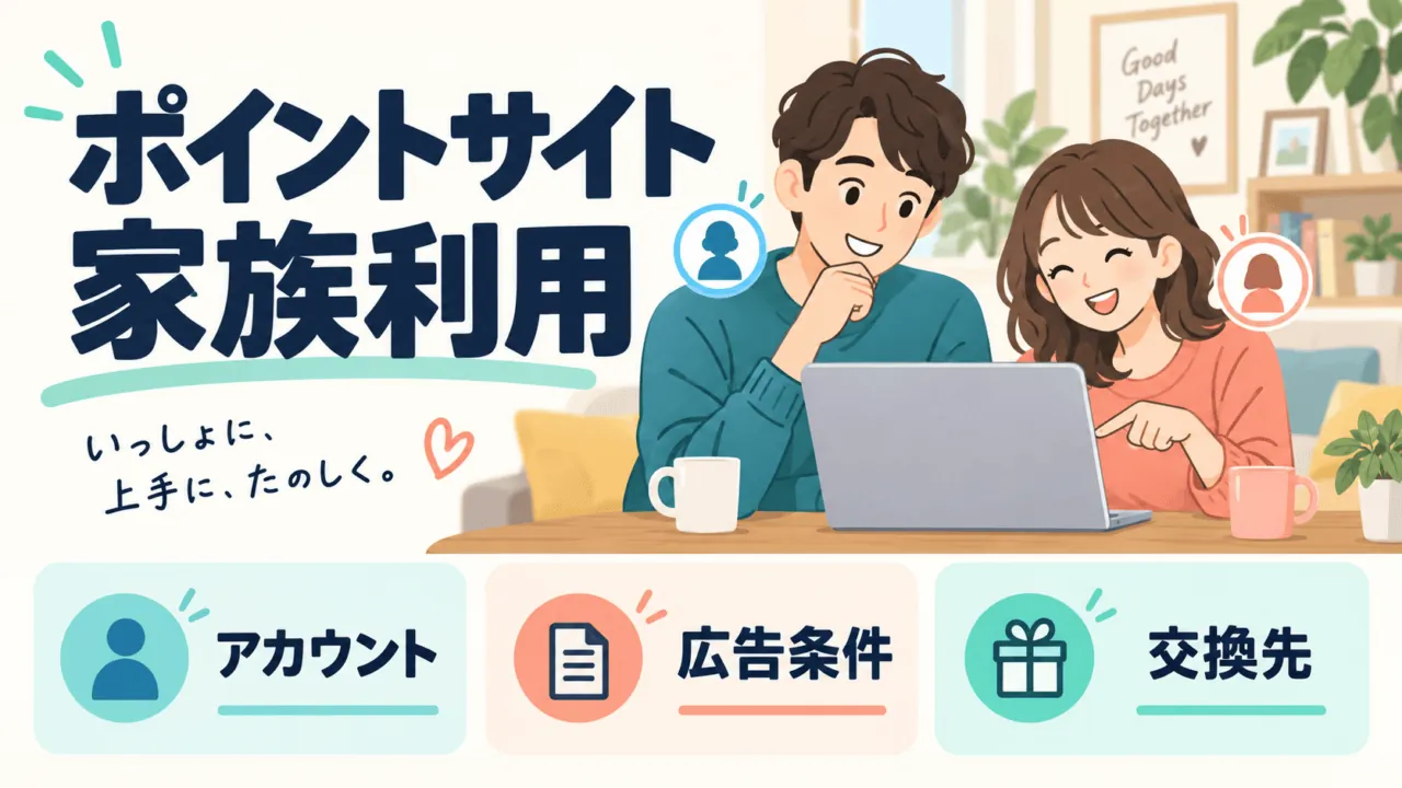 ポイントサイトの家族利用で確認するアカウント・広告条件・交換先を示したイラスト