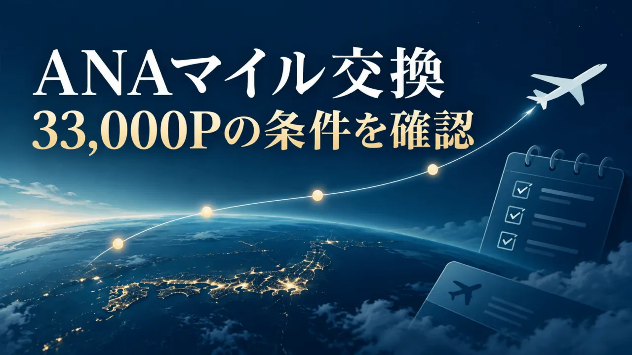 ANAマイル交換の前に33,000P条件を確認する、飛行機とチェックリストのイラスト
