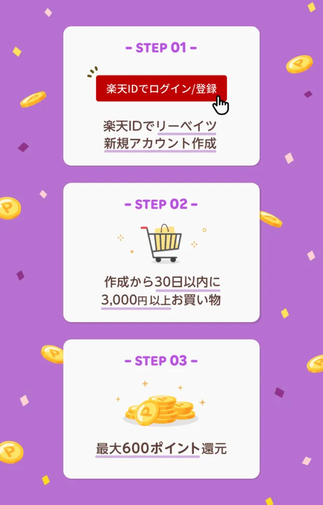 楽天リーベイツ公式の紹介利用手順。楽天IDで新規作成し30日以内に対象購入を行う