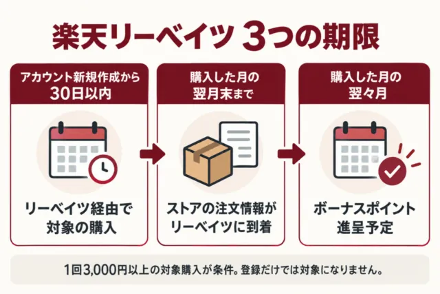 図解:新規作成から30日以内に対象購入、購入翌月末までに注文情報到着、購入翌々月にボーナス進呈予定