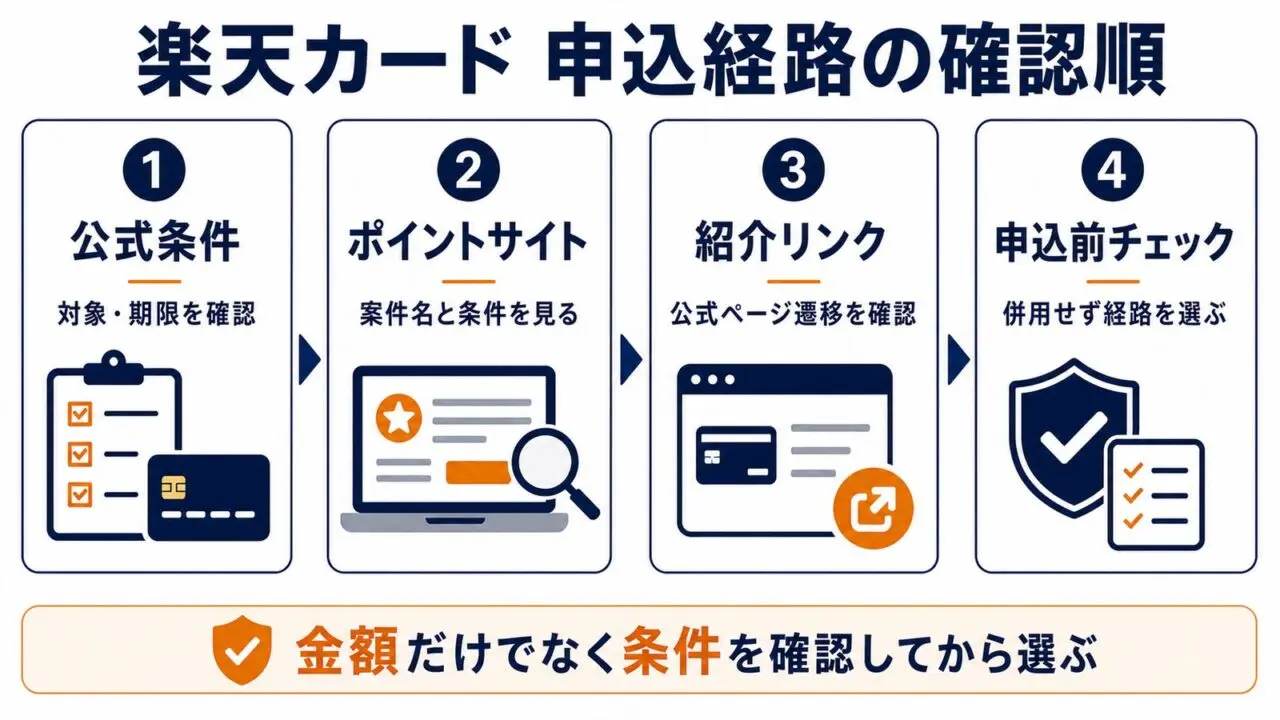楽天カードの公式条件、ポイントサイト、紹介リンク、申込前チェックの確認順をまとめたGPT Image 2.0生成図解