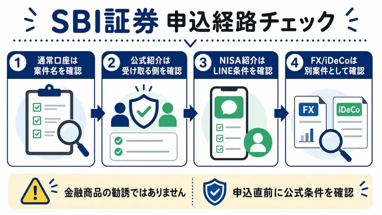SBI証券の通常口座、公式紹介、NISA紹介、FXやiDeCo別案件の確認順をまとめた図解