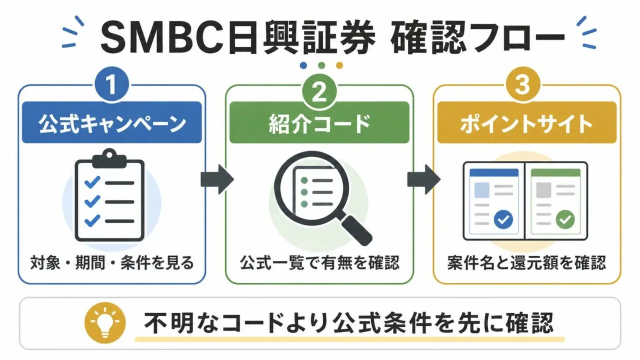 SMBC日興証券の公式キャンペーン、紹介コード、ポイントサイト表示を見る順番をまとめたGPT Image 2.0生成図解