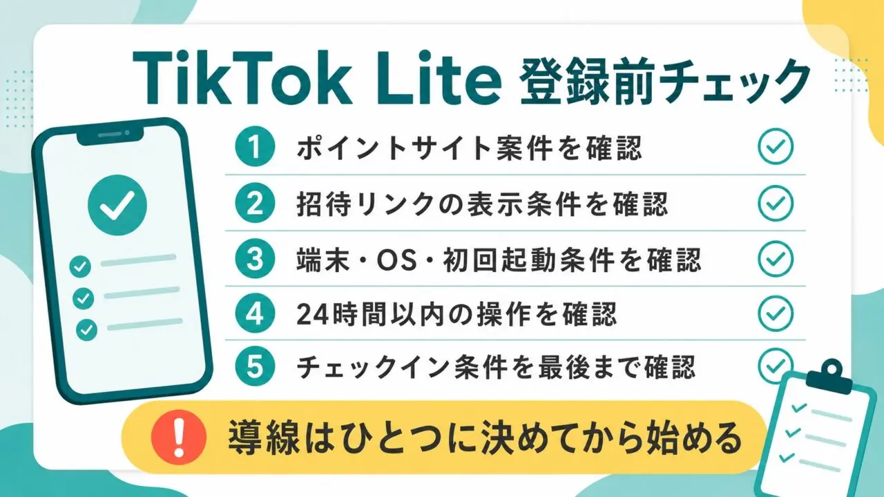 TikTok Lite登録前にポイントサイト案件、招待リンク、端末条件、24時間以内の操作、チェックイン条件を確認するチェックリスト